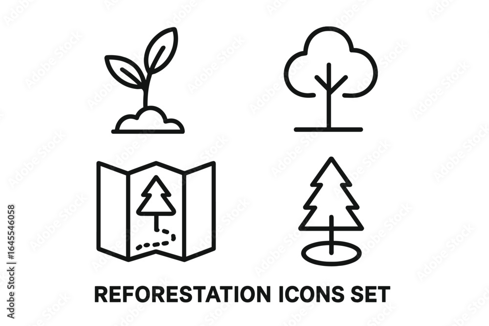 Poster reforestation and tree planting outline icons set. vector graphics for ecology, environment and cons