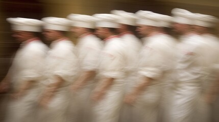 Dynamic movement of chefs, showcasing the rhythm and teamwork in culinary excellence
