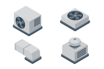 Rooftop HVAC system isometric icon set. Air conditioning unit, ventilation fan, industrial exhaust, and ductwork. Flat design vector illustration for building services.