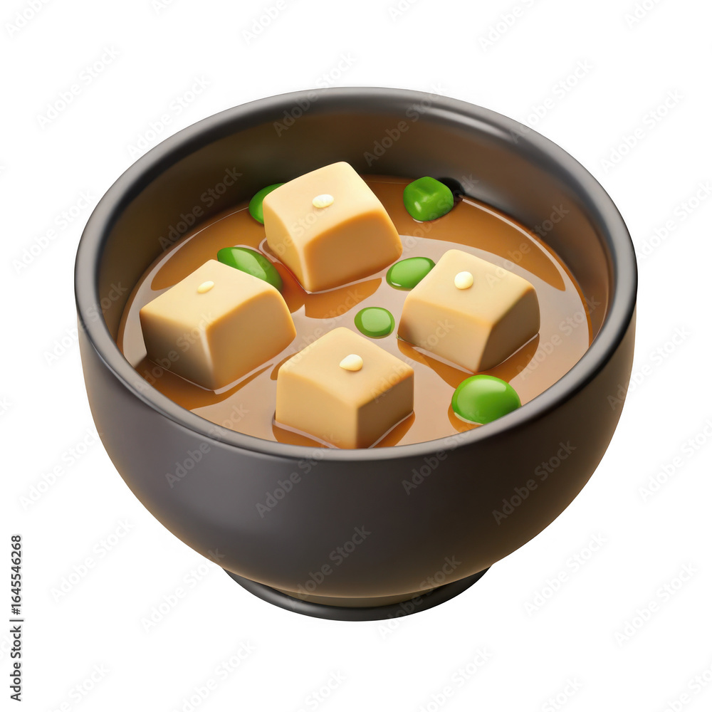 Poster 3d miso soup with tofu and edamame isolated on transparent background