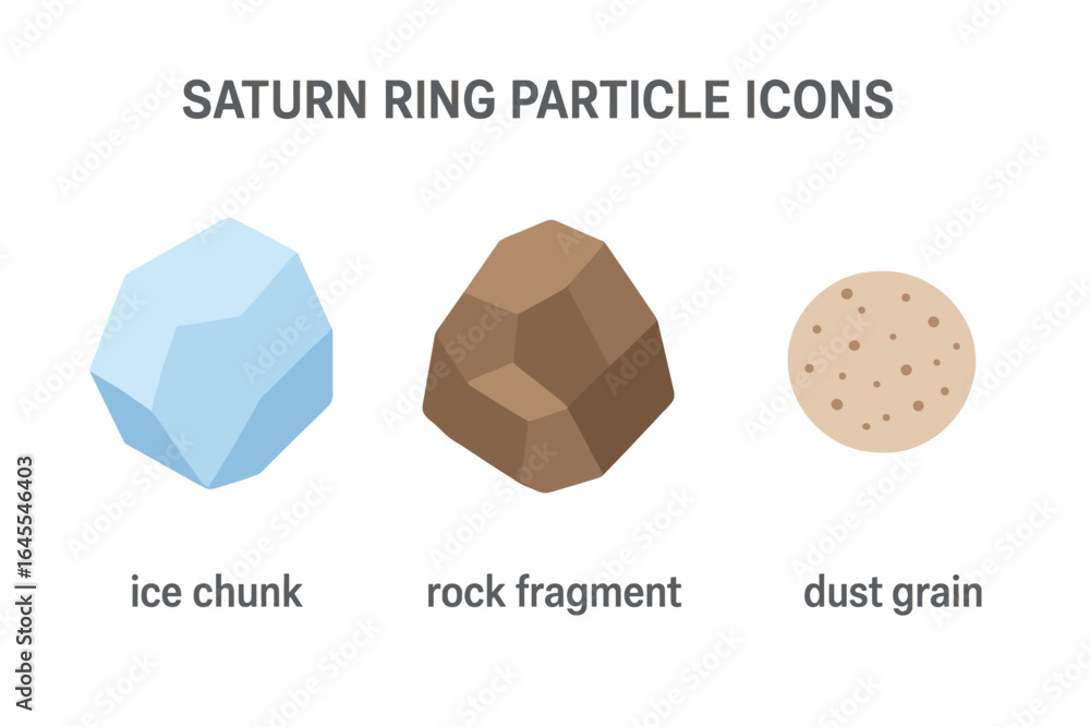 Poster saturn ring particle icons showing composition. isometric flat icon set of an ice chunk, rock fragme