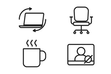 Remote work icon set. Thin line icons for home office, freelance, and telecommuting. Vector symbols of laptop, empty chair, coffee break, and muted video call for business.