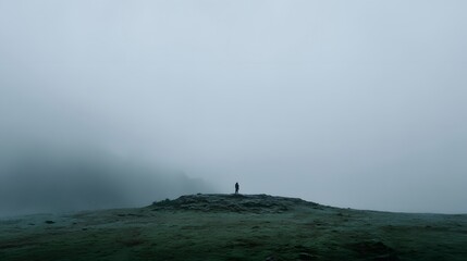 Fototapeta premium A solitary figure stands atop a misty hill.