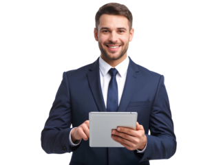 Smart and Handsome Businessman in Formal Attire Using a Tablet for Work, Focused isolated on a transparent background.
