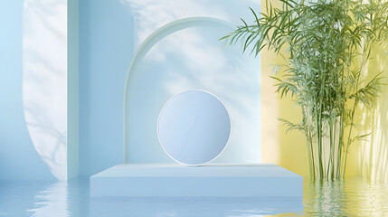Minimalist White Podium with Bamboo Plant in Water Scene