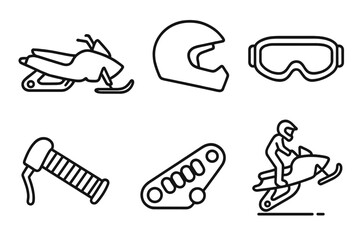 Snowmobiling outline icon set. Winter sports equipment vector graphics. Includes snowmobile, helmet, goggles, throttle handle, stunt rider and track. Extreme sport symbols.