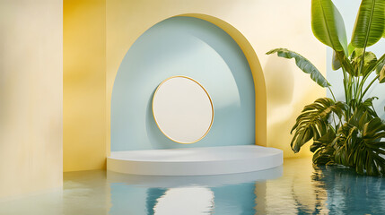 Minimalist Interior Design with Round Platform and Green Plant