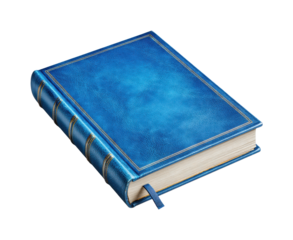 Artistic leatherbound blue book concept, isolated on transparent background, png