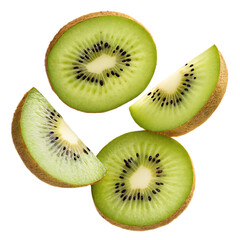 Fototapeta premium Close up of several slices and cross sections of kiwi fruit on a black background isolated