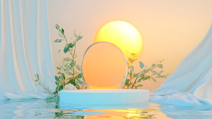 A serene glass platform with green plants under a glowing sun