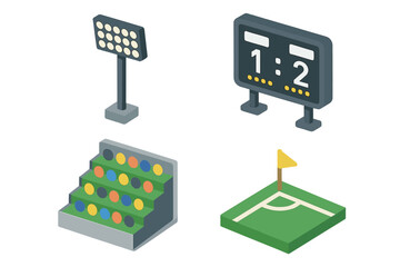 Stadium isometric icon set for sports concepts. Collection includes floodlight, digital scoreboard, spectator stands, and football field corner flag. Vector illustration.