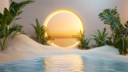 Golden Ring Sun Over Ocean with Lush Tropical Plants