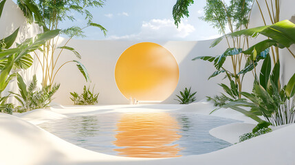 Modern minimalist courtyard with pool and large sun design
