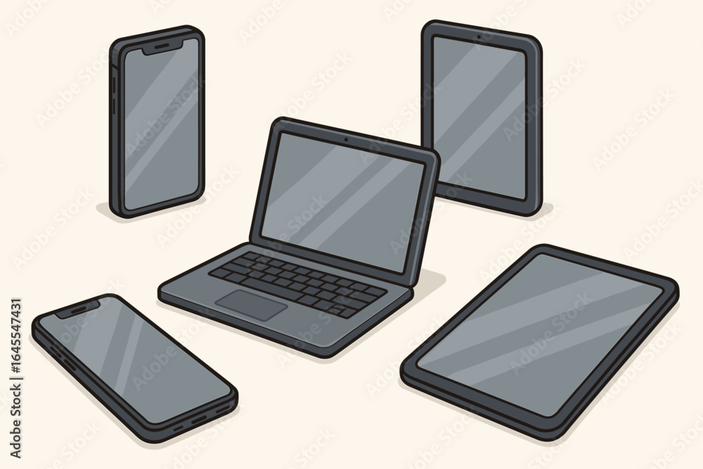 Poster isometric vector set of electronic devices. mobile smartphone, laptop computer and digital tablet co