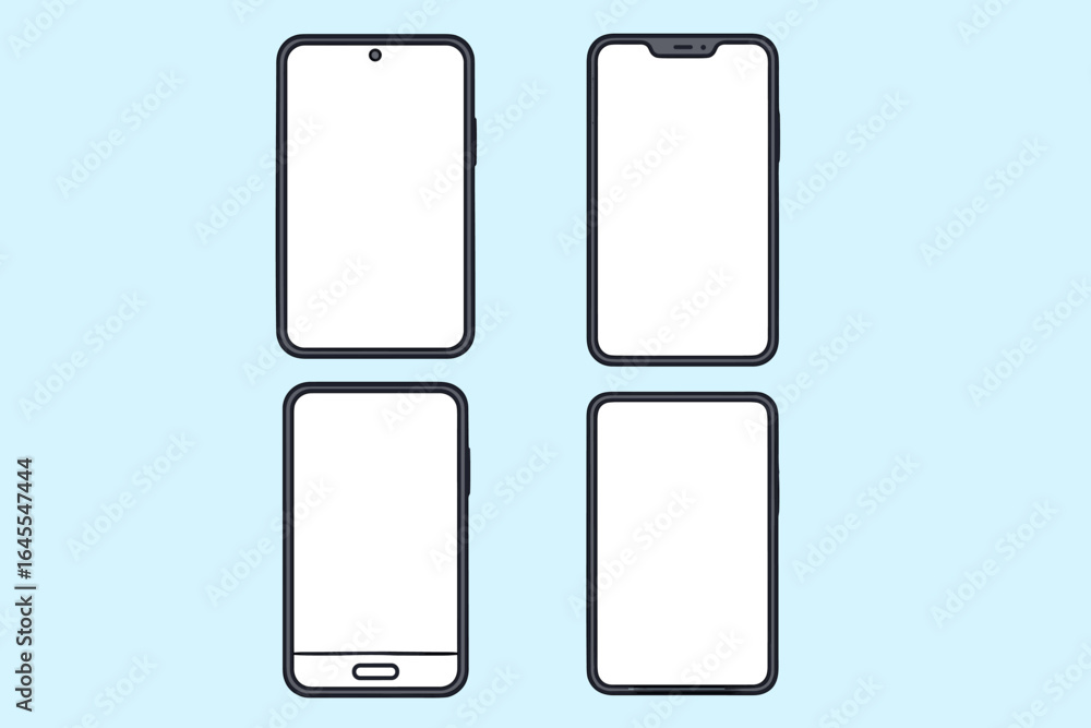 Poster vector mobile phone mockups collection of 4 different unbranded smartphone templates. flat lay front