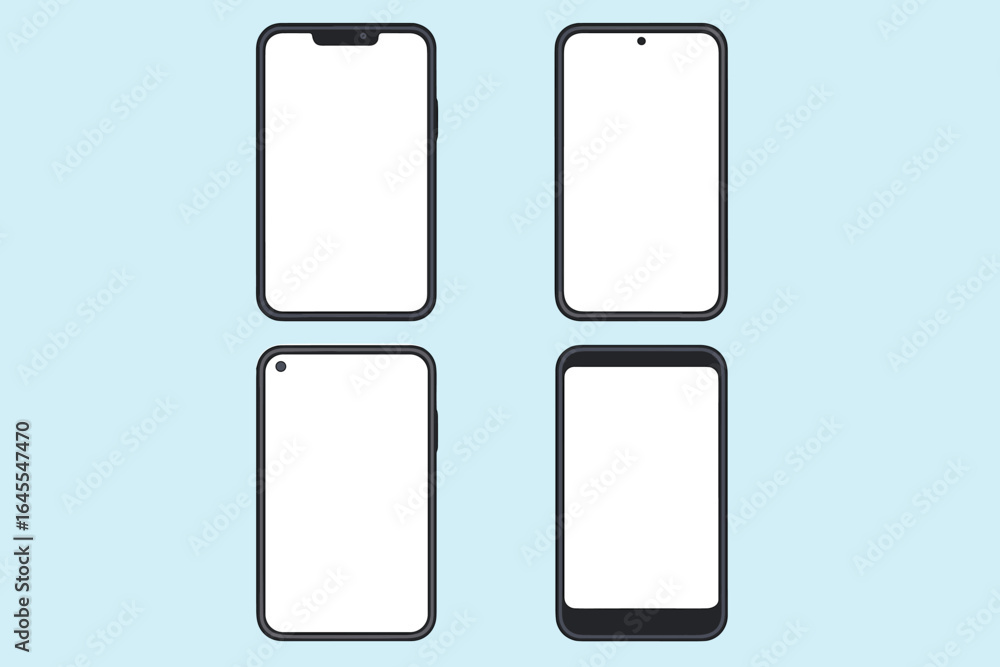 Poster vector mobile phone mockups collection. 4 fictional smartphone templates with empty white screen. fl