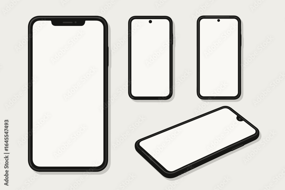 Poster smartphone mockup collection. mobile phone vector templates with blank white screens. flat lay top d