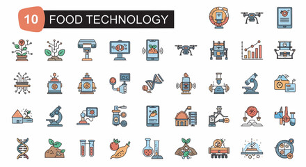 A collection of colorful vector icons representing food technology, including drones, robots, plants, lab equipment, and data analysis.