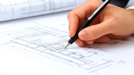 Architectural design process, hand sketching on blueprints, precise engineering with architectural