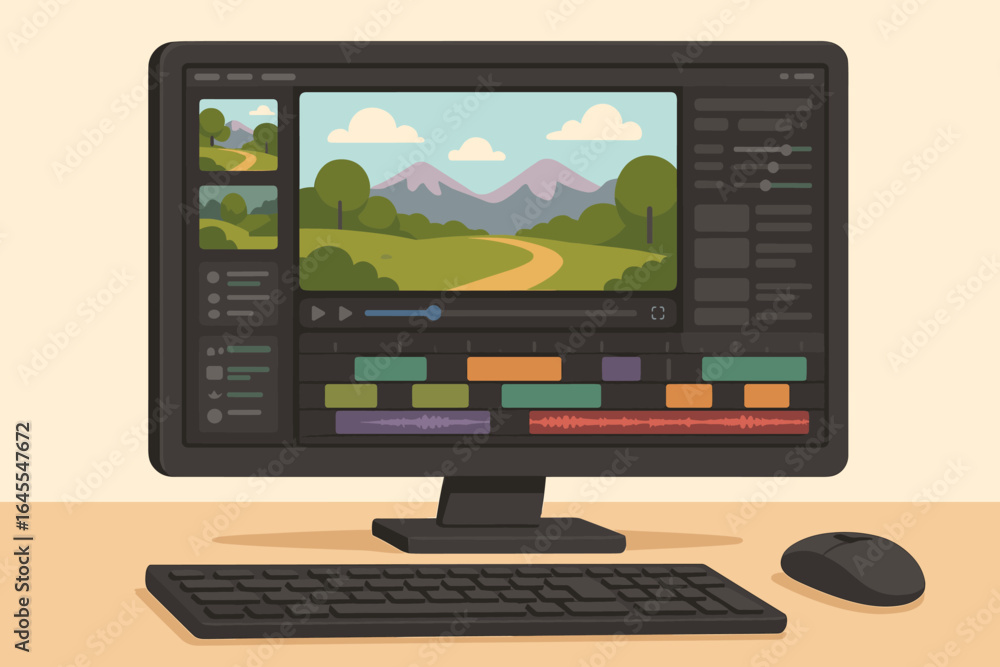 Poster video editing software for movie production on a computer. post-production, filmmaking, and content 