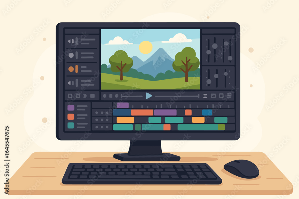 Poster video editing software on a desktop computer screen. movie production and post-production with a tim