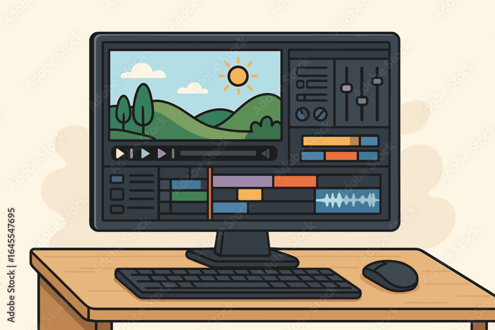 Fototapete video editor software on a desktop computer screen. user interface with timeline for editing footage