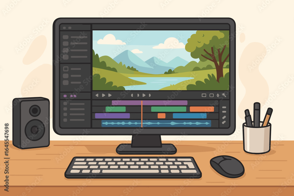 Poster video editing software on a desktop computer. post production and movie making process. film editor 