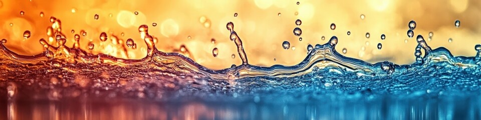 Colorful water droplets splash dynamically, blending warm orange and cool blue tones with a reflective surface beneath.