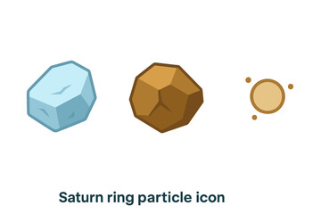 Isometric flat icon set showing Saturn ring particle composition. Vector illustrations of space elements: an ice chunk, a rock fragment, and a dust grain for science.