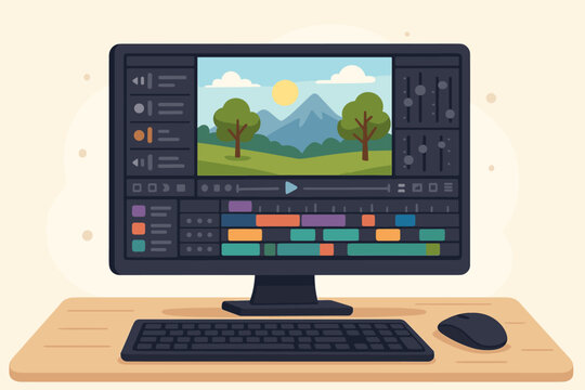 Video editing software on a desktop computer screen. Movie production and post-production with a timeline and user interface. Multimedia film editor for content creation and vlogging.