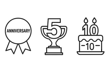 Years of service milestone icon set for employee recognition. Work anniversary celebration vector symbols. Simple outline icons of an award badge, 5 years trophy, and 10 years cake.