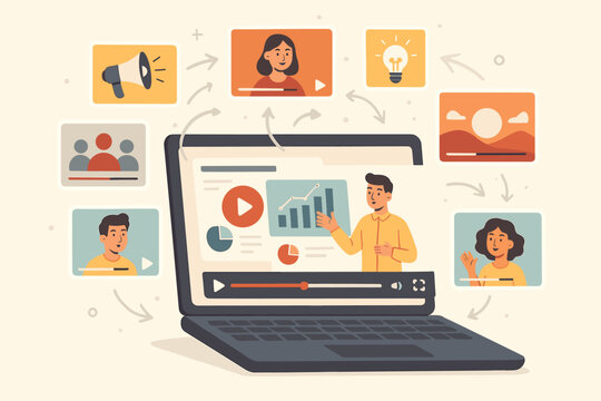 Viral video marketing and content strategy concept. Laptop with e-learning webinar or online course. Digital promotion, audience engagement, and information spread online.