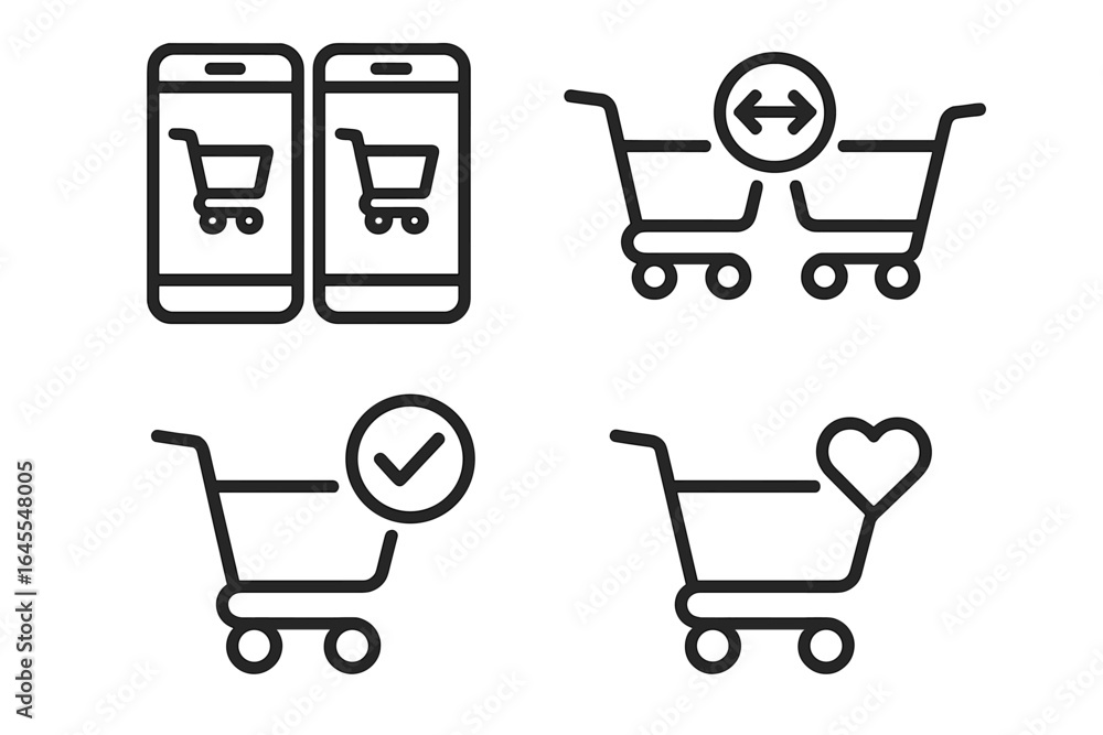 Poster shopping cart icon set for e-commerce and online store ui. vector outline icons for multi-cart compa
