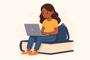 Woman student working on computer. Female person with laptop sitting on big book studying, doing school work and taking education class online. Knowledge concept vector cartoon.