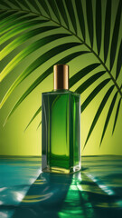 Fototapeta premium Elegant perfume bottle with green liquid and palm leaf on a green background