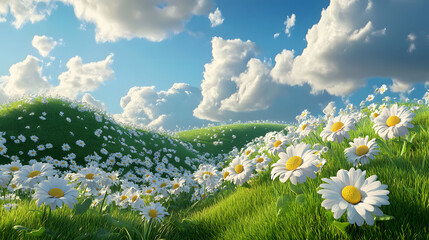 Beautiful meadow with white daisies under blue sky and clouds