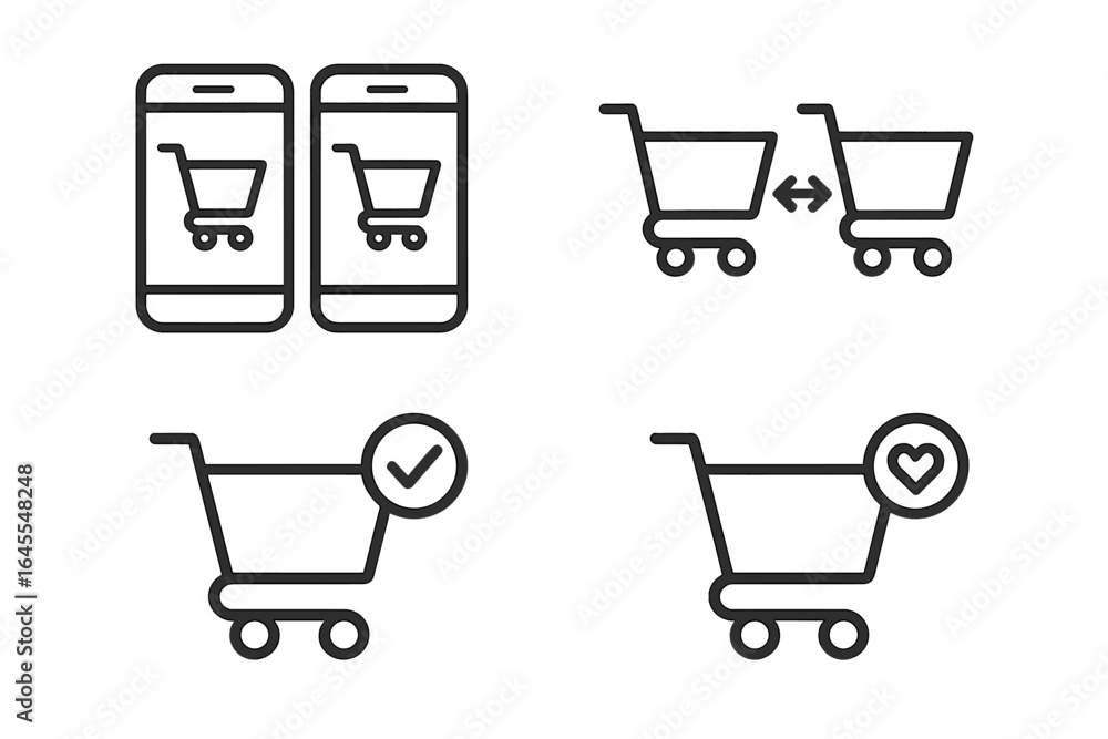 Poster shopping cart icon set for e-commerce. mobile app ui elements for online store. includes multi-cart 