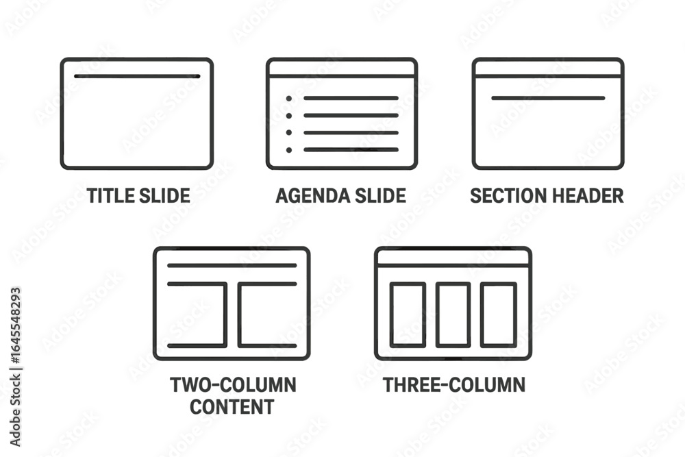 Poster slide layout icons set. presentation design templates for title, agenda, section header, two and thr