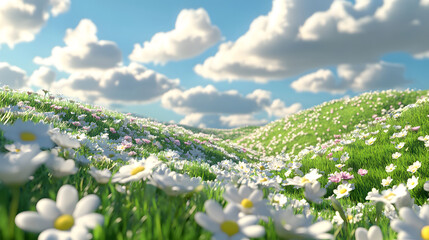A Vibrant Field of White Daisies Under Fluffy Clouds