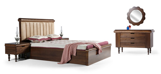 Fototapeta premium Modern bed with mirrored dressing table isolated on white background .