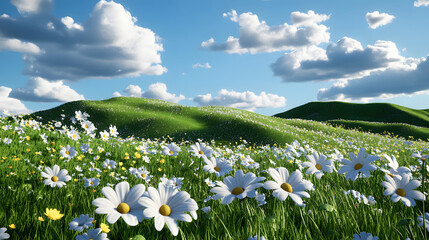 Beautiful Green Hills Covered with White Daisies Under Cloudy Sky