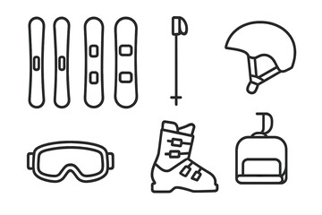 Skiing and snowboarding gear icon set. Winter sports equipment outline icons. Vector collection of ski, snowboard, pole, helmet, goggles, boot, and chair lift pictogram.