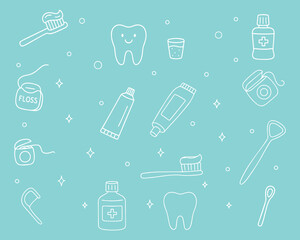 Various oral hygiene tools in doodle style on blue background. Toothbrushes, paste, dental floss, mouthwash. Health care concept. Vector 