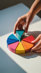 Hands arranging colorful wooden pie chart segments on white background
