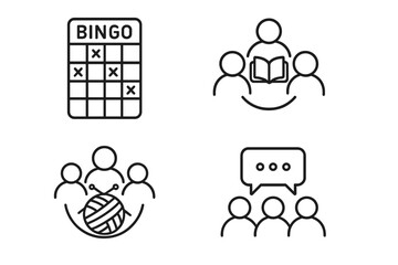 Social activity outline icon set. Symbols for community engagement and hobbies. Icons include bingo card, book club, knitting circle, and group chat discussion. Vector.
