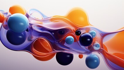 Abstract 3D artwork featuring interconnected glossy spheres and fluid shapes in vibrant orange, blue, and purple hues on a light background.