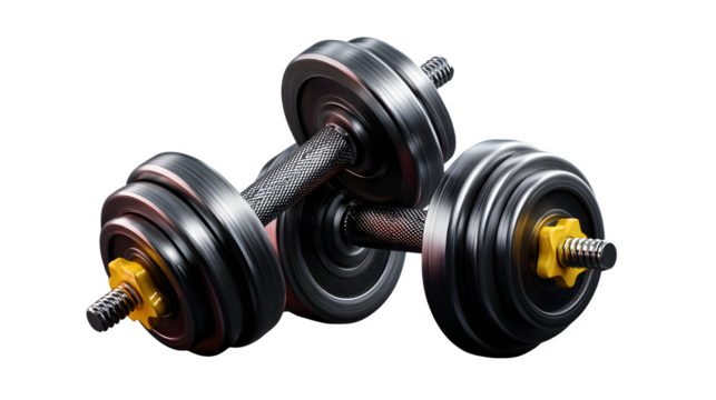 Fitness dumbbells with textured grip, isolated on transparent background, - Powered by Adobe