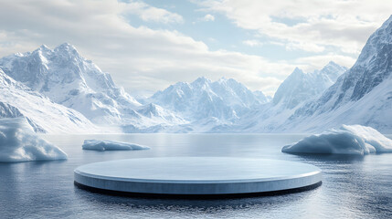 Frozen Circular Platform in Snowy Mountain Landscape with Floating Icebergs
