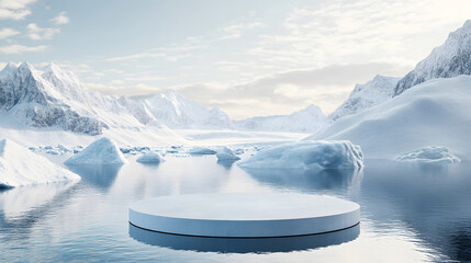 Floating White Podium in Icy Arctic Landscape with Mountains