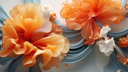 A digital artwork featuring large, flowing orange and white flowers with soft, curving blue-gray ribbons in an abstract, elegant composition.
